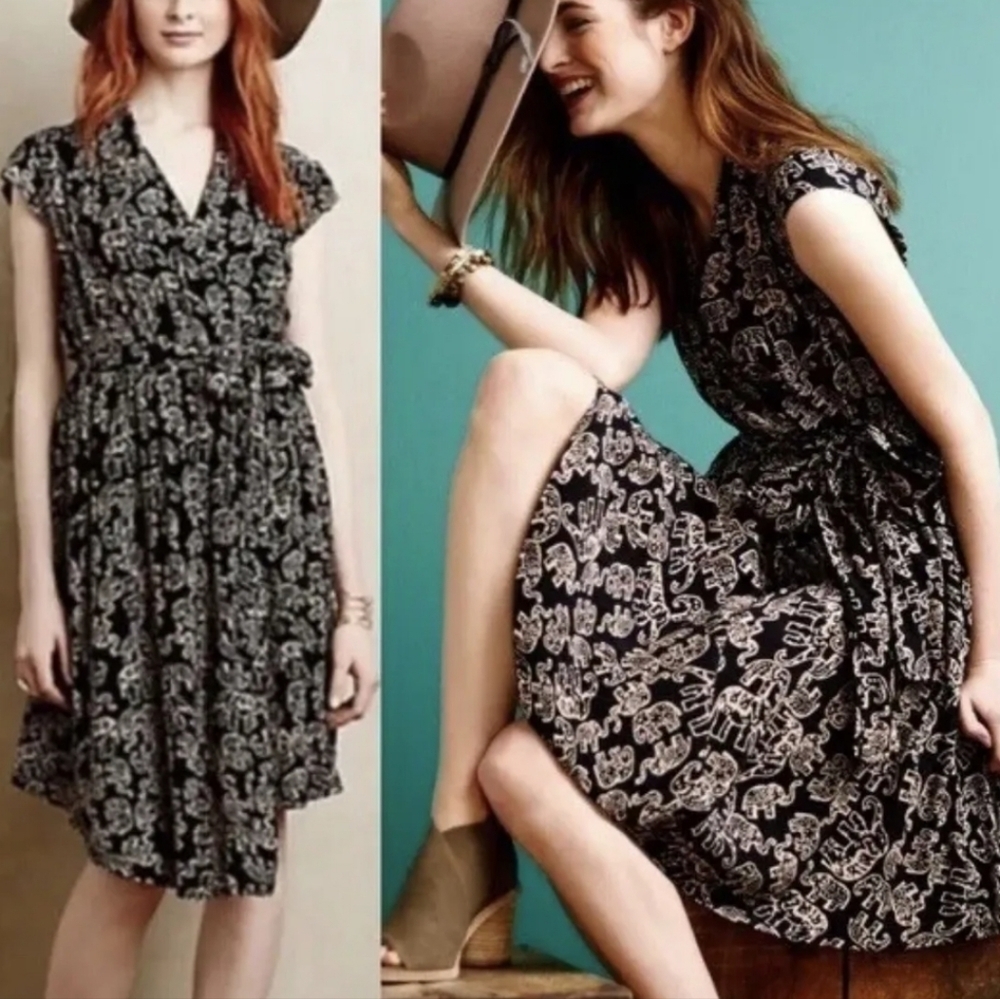 Maeve Elephant Print Faux Wrap Black/Biege Dress Women's Sz Small P